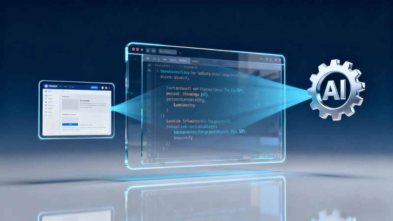 Visualizing AI - powered coding for website building, with an AI gear symbolizing automated development.