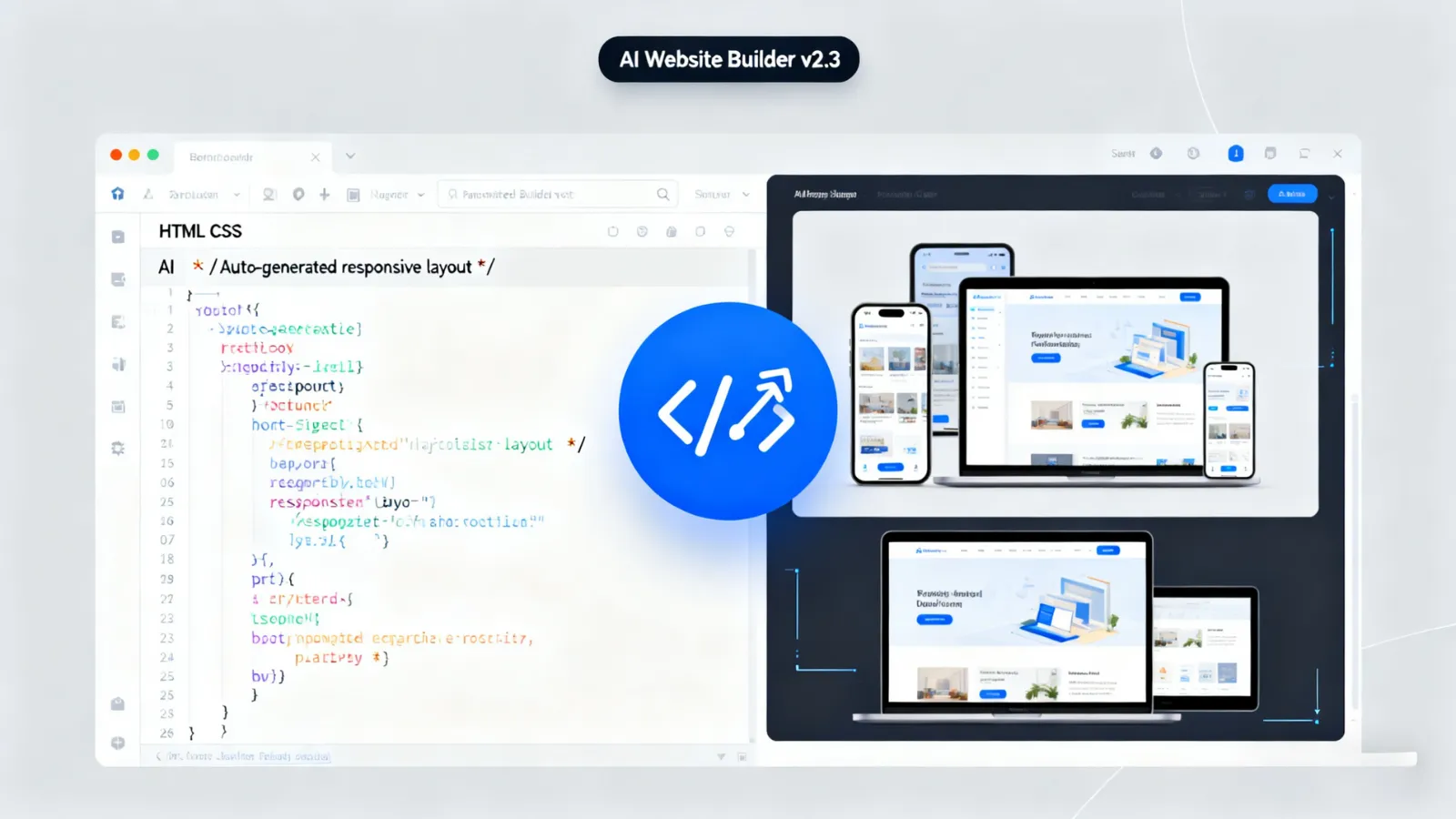 AI Website Builder showcasing auto - generated responsive layouts across devices, merging code and design.